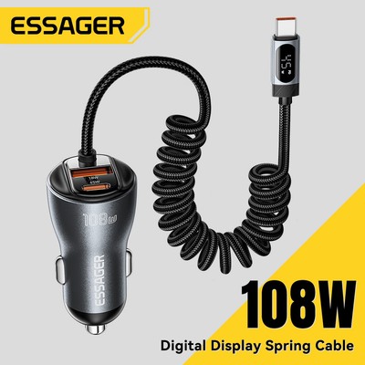 Essager 108W Sạc Xe Hơi Sạc Nhanh USB-C Màn Hình Kỹ Thuật Số Lò Xo Cáp Sạc Xe Hơi Bộ Chuyển Đổi Có Cổng USB