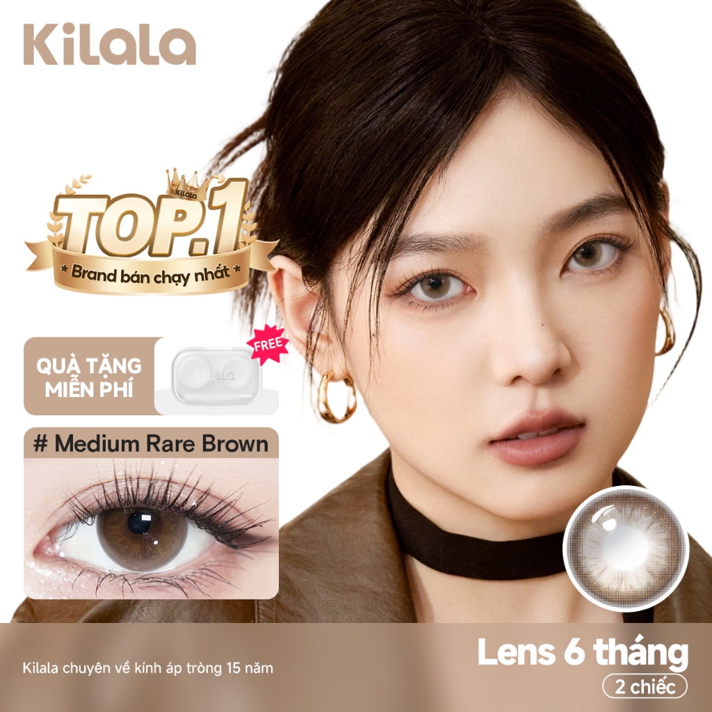 【Deal ưu đãi】Kính áp tròng Kilala màu nâu Medium Rare Brown lens cận 6 tháng DIA 14.2mm có độ (0-8) 