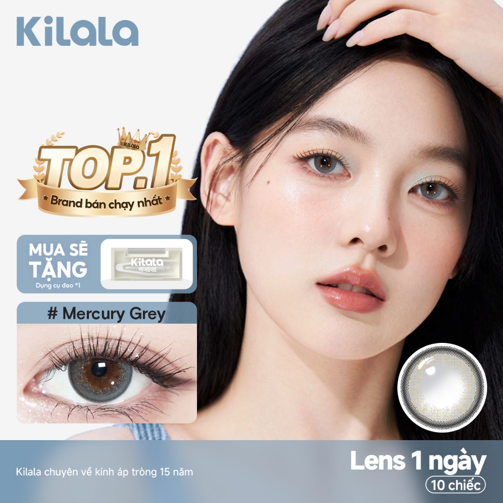 10 chiếc Kính áp tròng Kilala lens 1 ngày màu xám Mercury Grey DIA 14.5mm có độ (0-8)