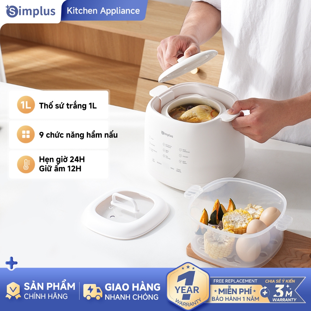 Simplus Nồi nấu chậm– dung tích 1L – hầm cách thủy – menu cài đặt thông minh – nấu canh, cháo, trứng hấp – phù hợp đồ ăn dặm cho bé  DDGU001