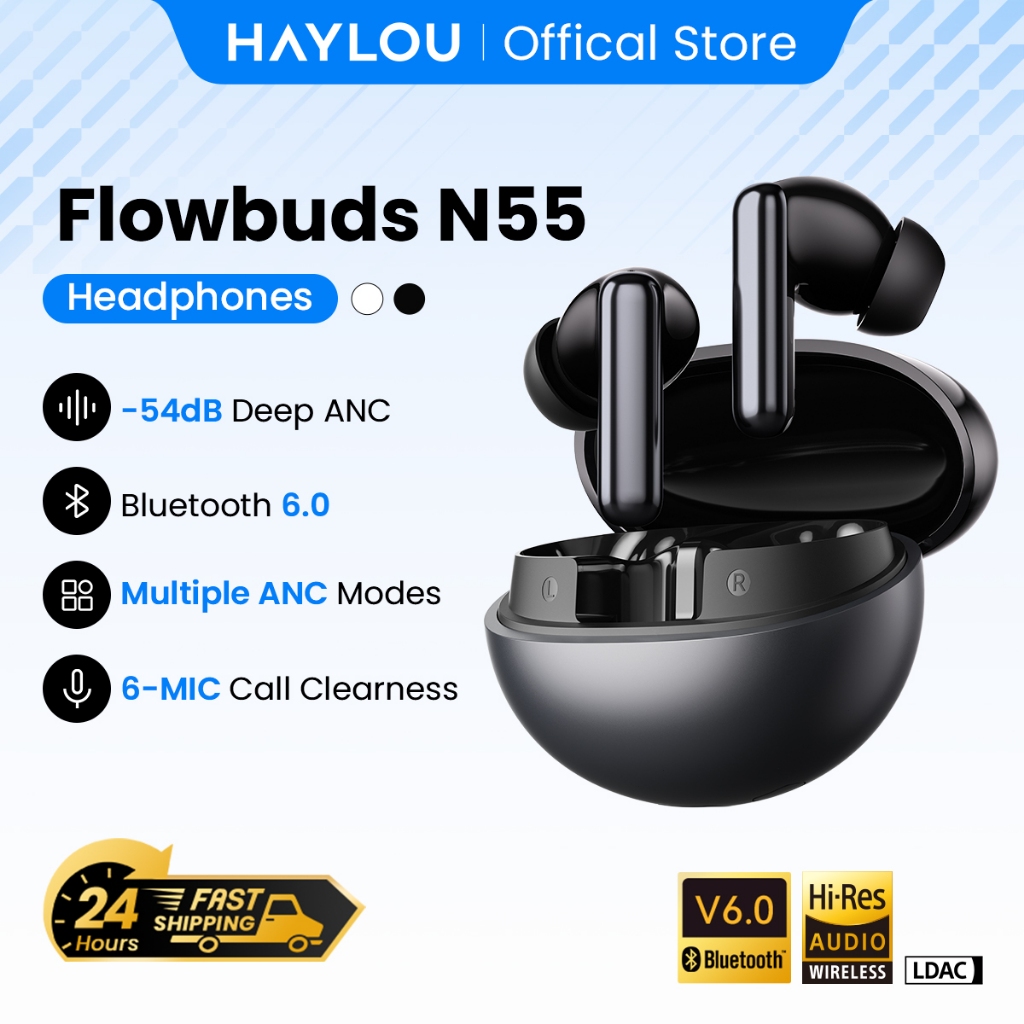 Tai nghe không dây HAYLOU Flowbuds N55 ANC, Bluetooth 6.0, Chế độ trong suốt, Phát lại liên tục 40 g