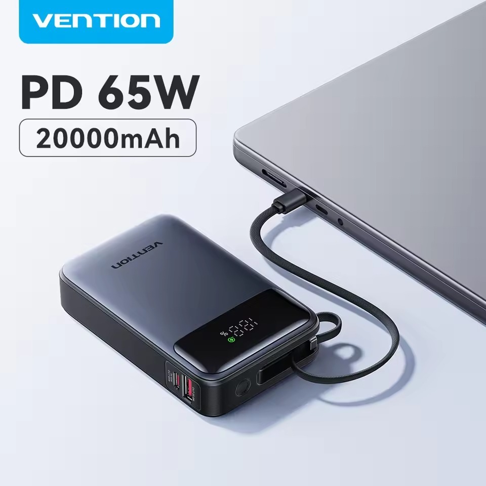 Vention Sạc dự phòng có sạc nhanh 65W -20000mAh, PD 3 chiều, QC 4.0, Dây Cáp Tích Hợp, Màn Hình LED, 3 cổng sạc, Sạc Nhanh Cho Laptop/Máy Tính Xách Tay/phone  17/16/15/14/13/12/11, samsung, xiaomi, Được Mang Lên Máy Bay, Hàng Chính Hãng, BH 12 tháng