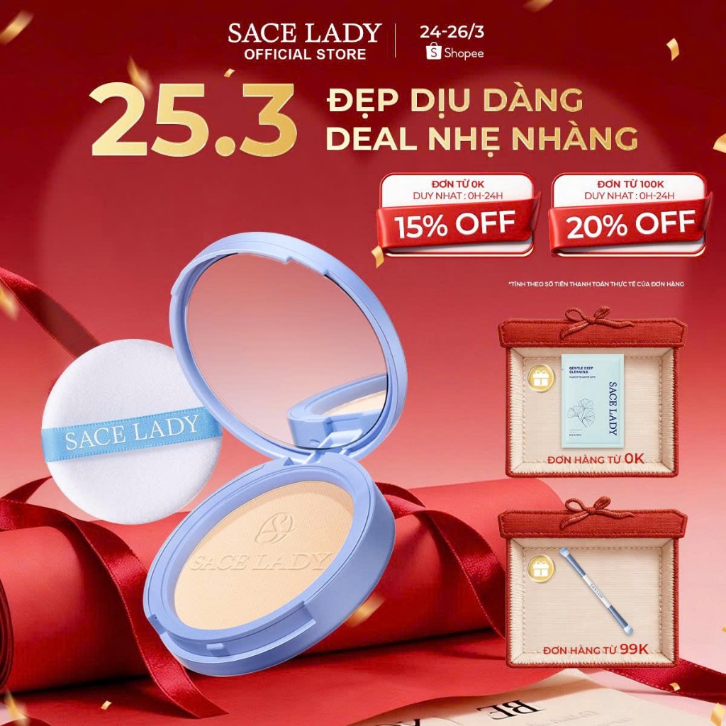 Phấn Phủ SACE LADY Kiềm Dầu Dộ Che Phủ Cao Lâu Trôi Kháng Nước  với 3 màu tùy chọn 10g