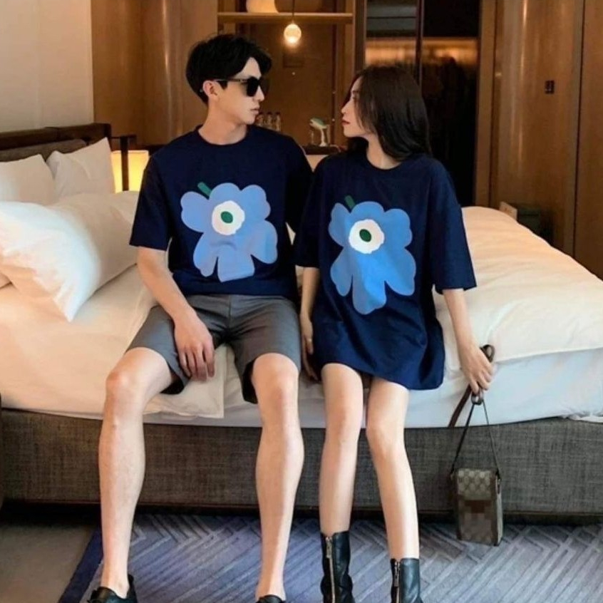 Mari * * Áo thun nam nữ xu hướng kko, cổ tròn cotton, áo in hoa lớn cổ điển và tay ngắn.