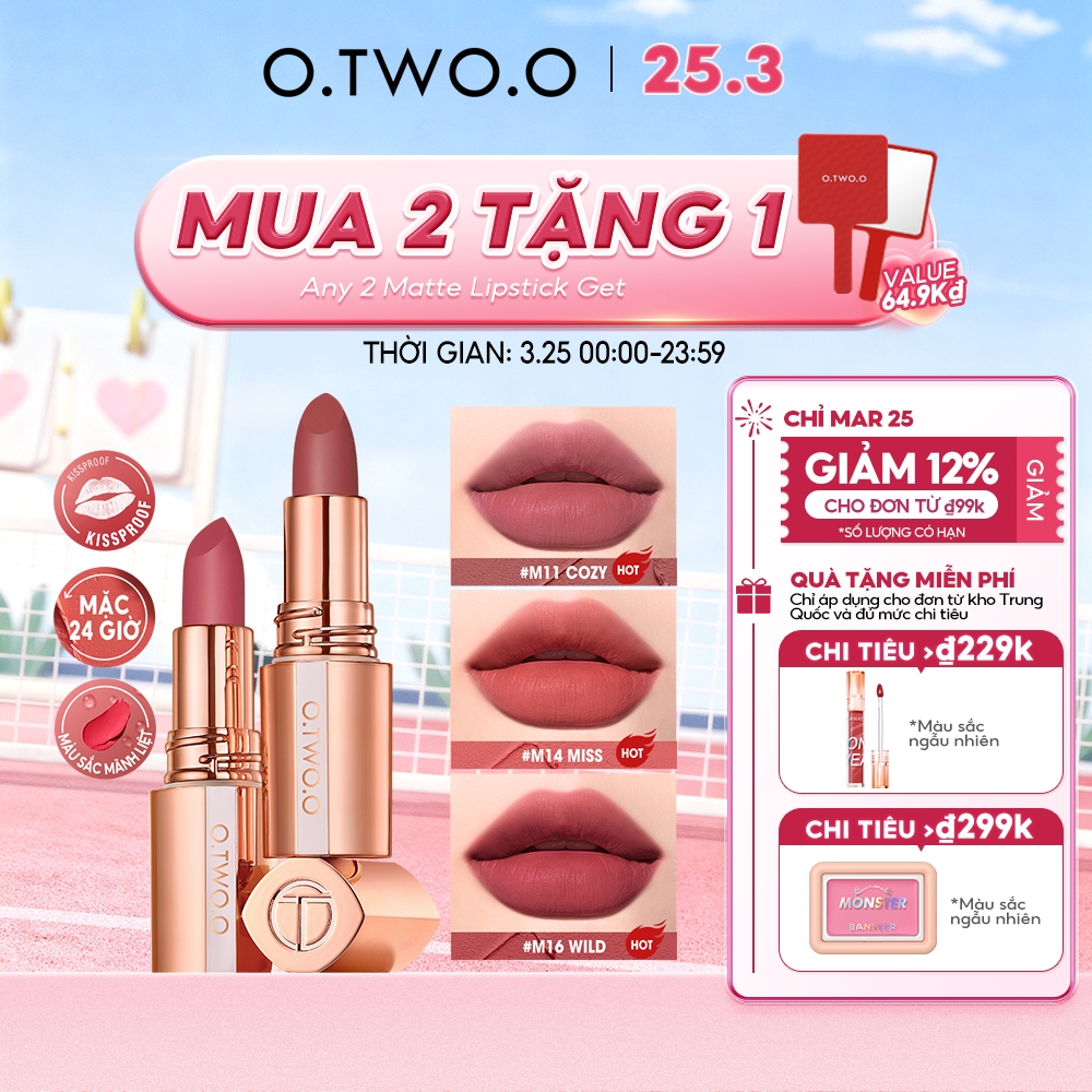 Thỏi son lì O.TWO.O nhung mịn lâu trôi không thấm nước chống khô 8 màu tùy chọn 39g