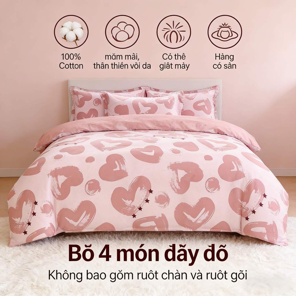 Bộ 4 món ga giường cotton đầy đủ: ga trải giường, vỏ chăn, vỏ gối, chất liệu cotton cao cấp, dễ giặt