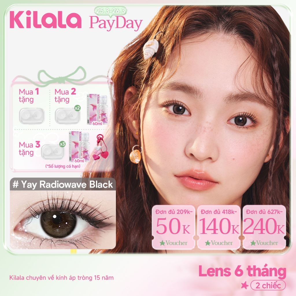 Kính áp tròng Kilala màu đen Yay Radiowave Black lens cận 6 tháng DIA 14.2mm có độ (0-8) 1 cặp