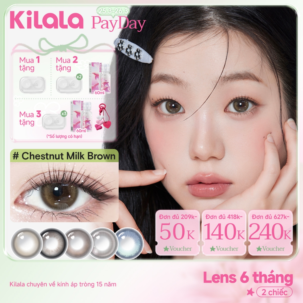 Kính áp tròng Kilala màu nâu Chestnut Milk Brown/ Yay Radiowave Black/White Peach Brownlens cận 6 tháng DIA 14.2mm  14.5mm có độ (0-7) 1 cặp