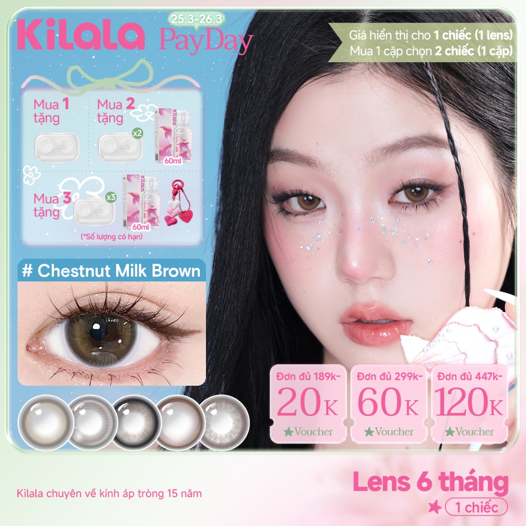 Kính áp tròng màu Kilala - Nâu Chestnut Milk Brown/ Xám Lychee Grey/ Xanh Pandora Blue lens cận 6 tháng DIA 14.2mm có độ (0-7)  Ocean Pearl Collection[Giá 1 chiếc lens ]