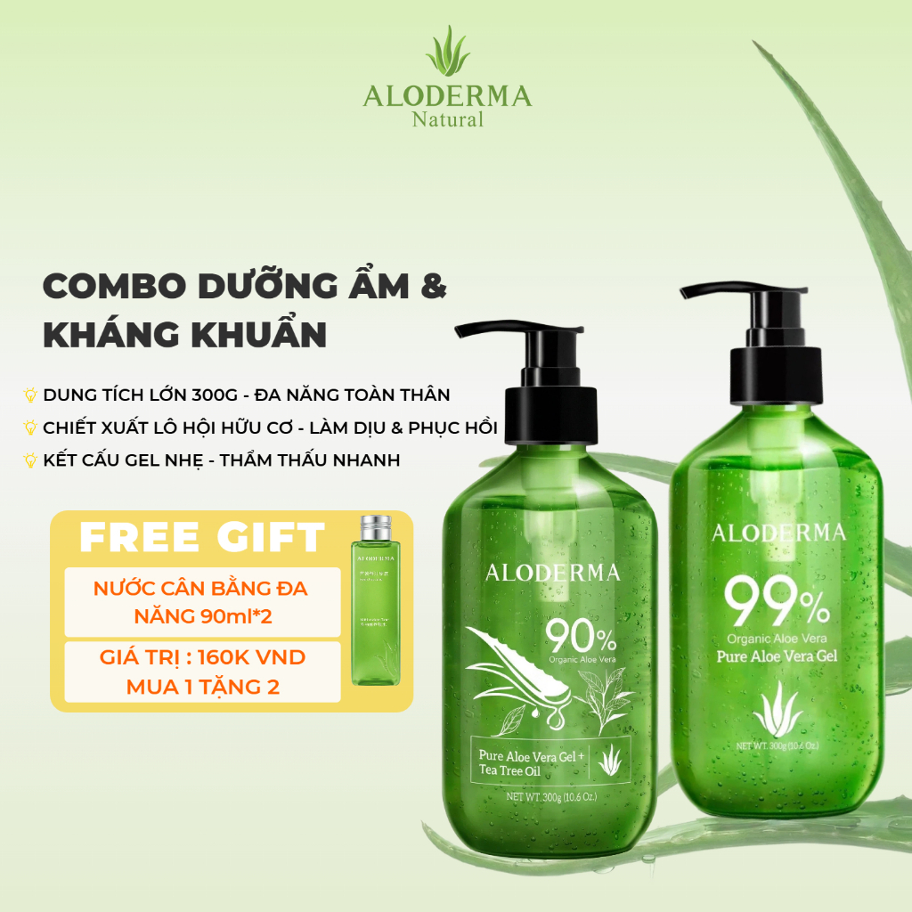 Combo 2 Gel Lô Hội Aloderma 300g - Gel Lô Hội Nguyên Chất Dưỡng Ẩm + Gel Lô Hội Tràm Trà Kháng Khuẩn