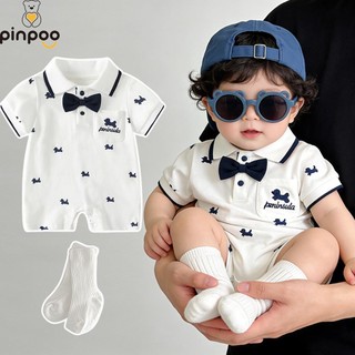 Áo liền quần kiểu Polo cho bé trai Pinpoo có dây buộc nơ & quần áo bé trai in hình chó