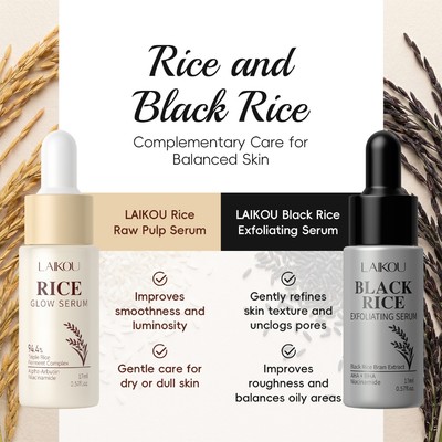 LAIKOU Rice Glow Serum + Black Rice Exfoliating Serum Duo Set – Brightening & Smoothing Ampoule Duo với Niacinamide, Alpha-Arbutin, AHA + BHA – Even Skin Tone, Pore Care, Gentle Ren