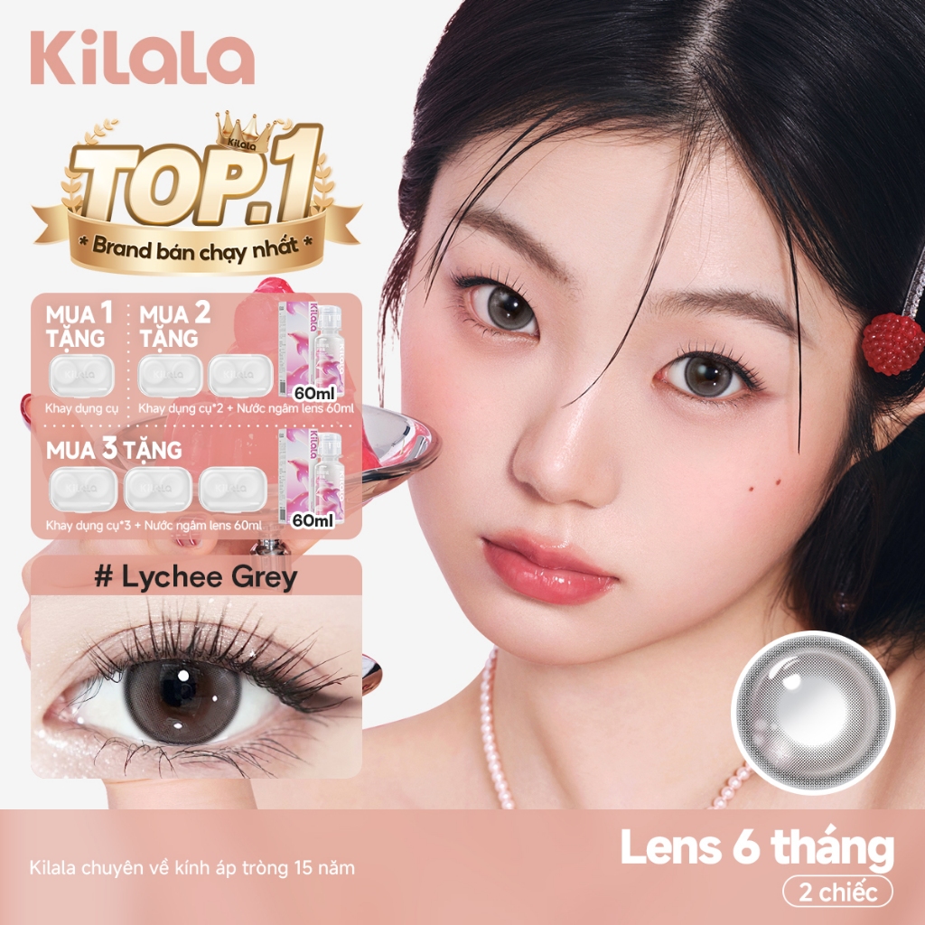 Kính áp tròng Kilala màu xám Lychee Grey lens cận 6 tháng DIA 14.2mm có độ (0-8) 1cặp