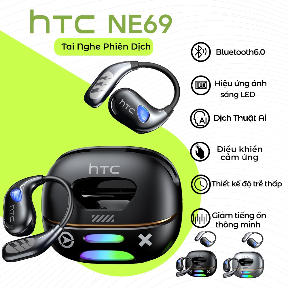 HTC NE69 Tai Nghe Phiên Dịch AI Tai Nghe Ngủ Đa Năng Bluetooth 6.0, Âm Thanh Hi-Fi Cao Cấp  Khử Tiếng Ồn ENC Hiệu ứng ánh sáng LED Chống Nước IPX5  Độ Trễ Thấp Cho Game Thiết Kế Không Dây
