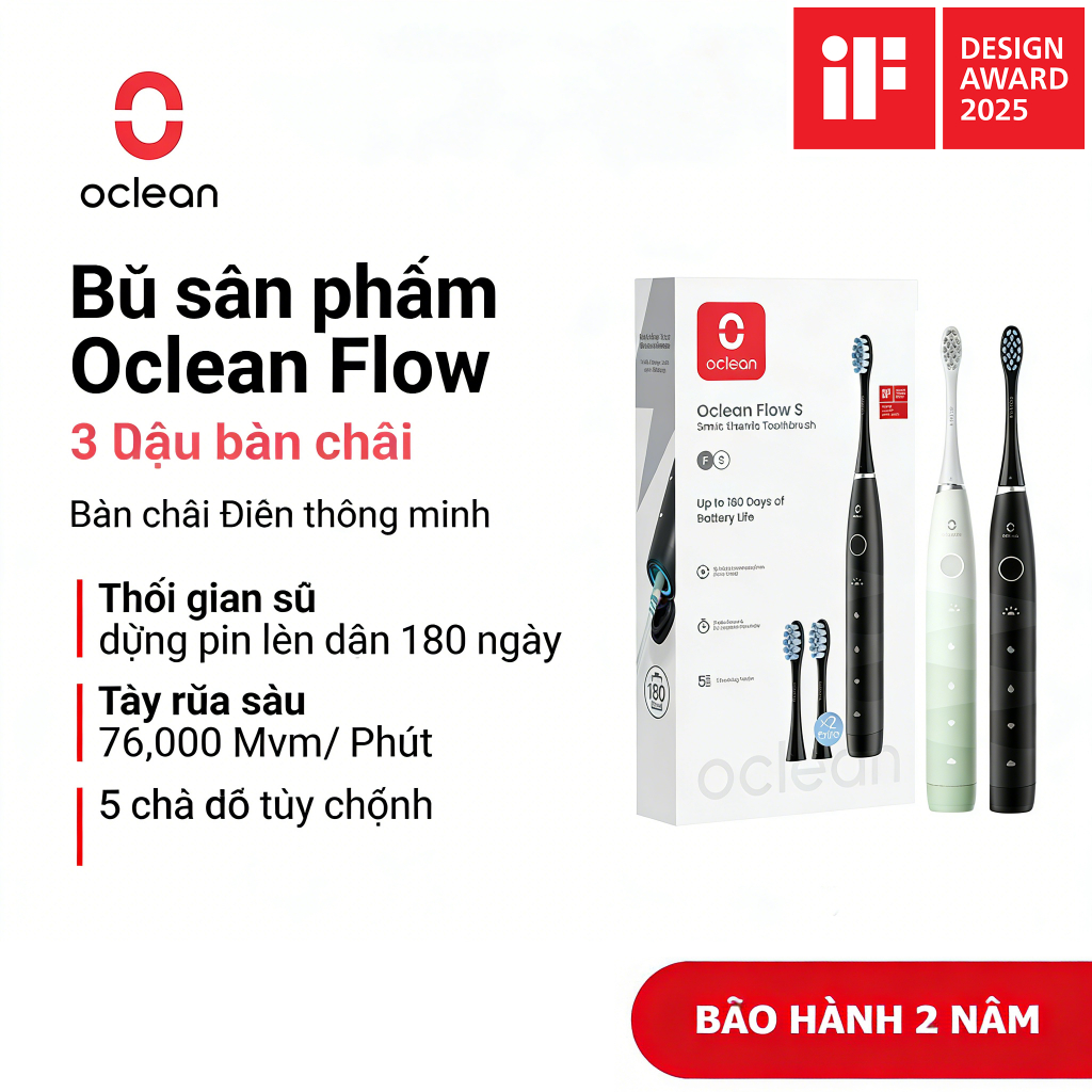 Bàn chải đánh răng Oclean Sonic 5 chế độ Pin 180 ngày Bảo hành 2 năm Bộ lưu lượng bàn chải đánh răng
