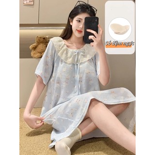Đồ ngủ nữ cotton có miếng độn ngực| Đầm ngủ dáng dài tay ngắn mùa hè mới nhất viền ren ngọt ngào thoáng mát
