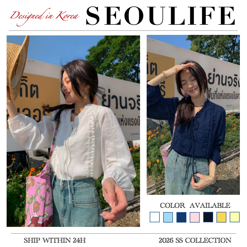 SEOULIFE | Áo sơ mi nữ ren bèo tay dài form rộng phong cách Hàn Quốc áo kiểu nữ thanh lịch dễ thương
