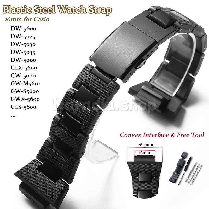 Dây đeo đồng hồ bằng thép nhựa 16mm cho Casio DW5600 DW6900 GWM5610 GA2100 G5600 Đen Giao diện lồi D