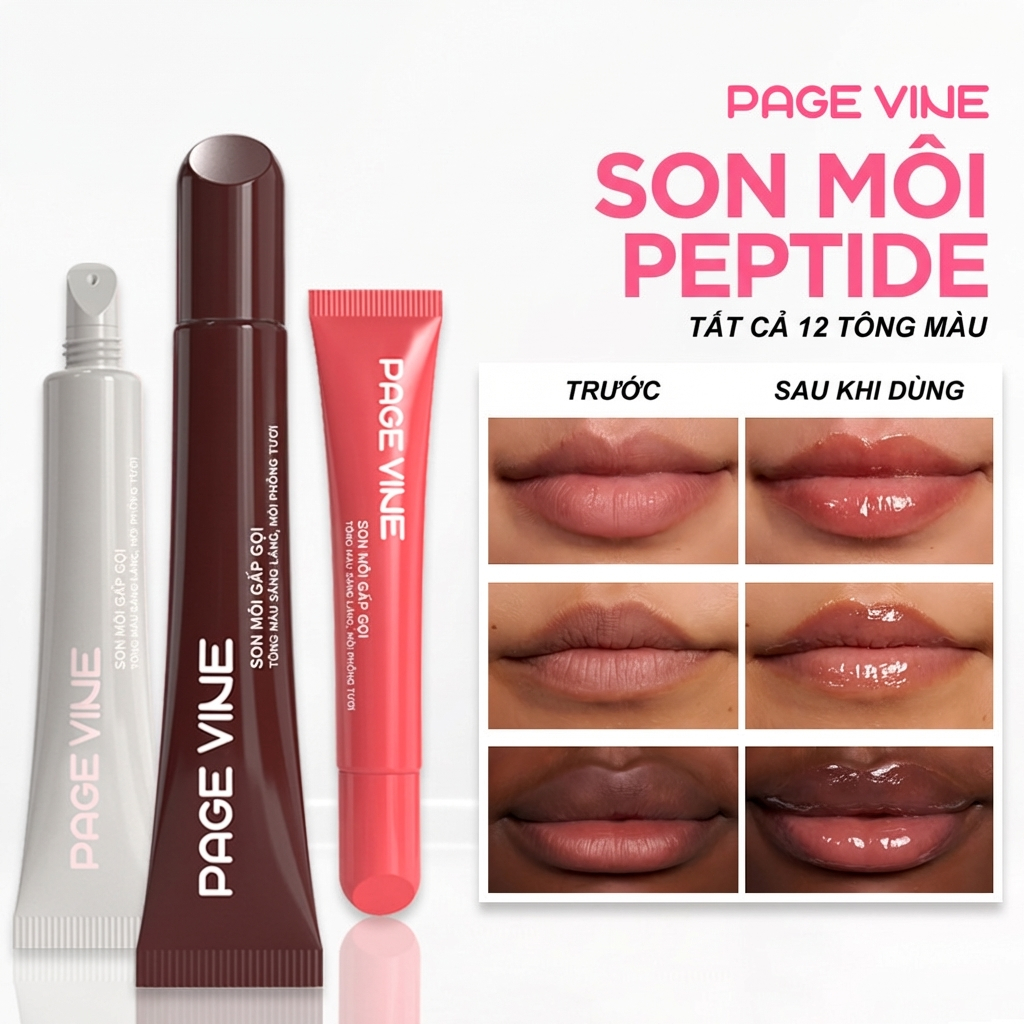 PAGE VINE Peptide Liquid Lip Gloss | Son dưỡng môi dưỡng ẩm | 12 sắc thái bóng cho môi phát sáng