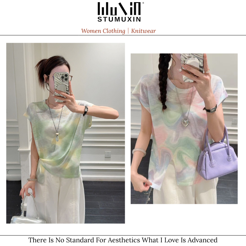 MUXIN Áo sơ mi ngắn tay mỏng nhám, in hình nhỏ, cổ tròn và tay raglan