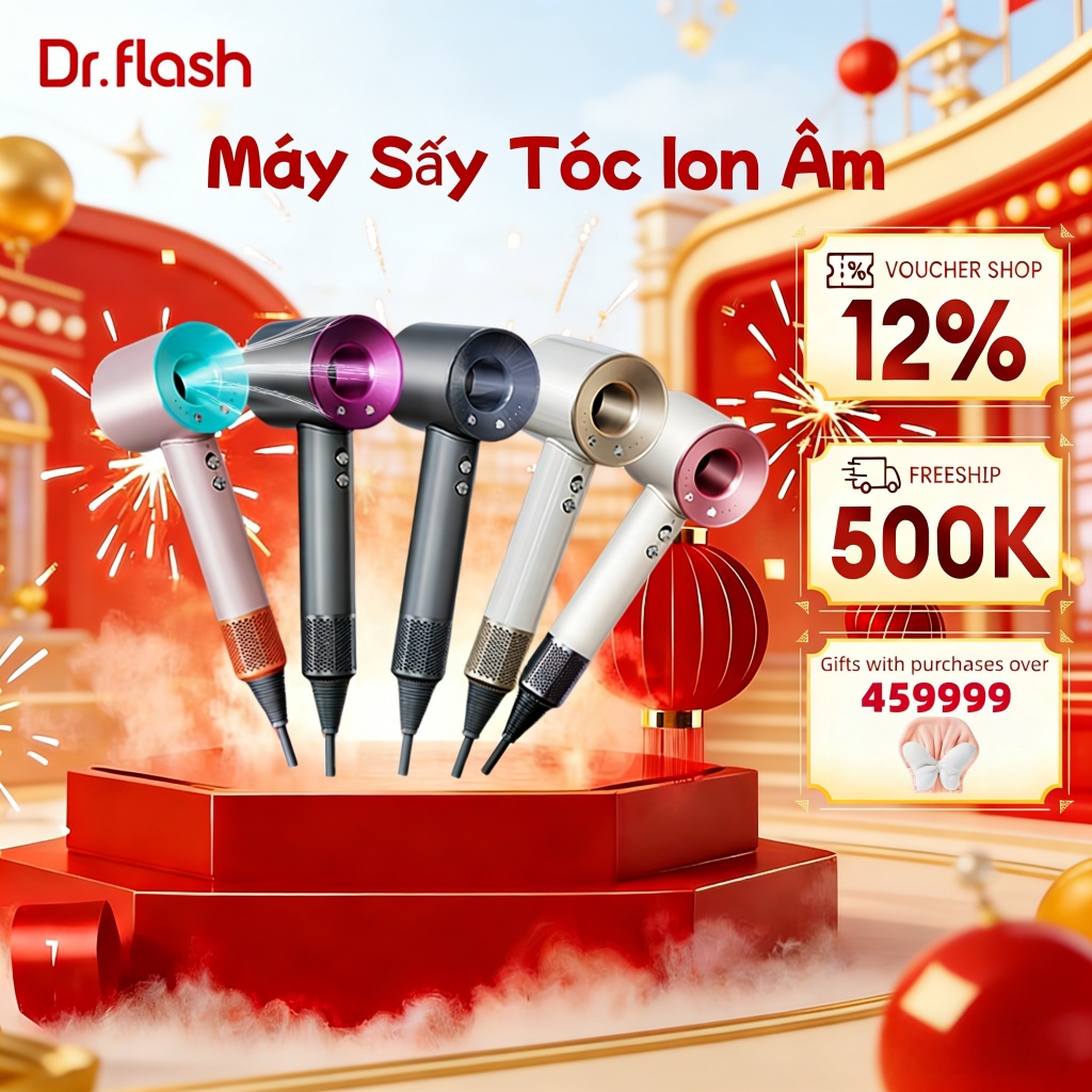 Dr flash Máy sấy tóc ion âm， 2 Chiều Nóng Lạnh 3 Tốc Độ Công Suất Tặng Kèm Đầu Sấy