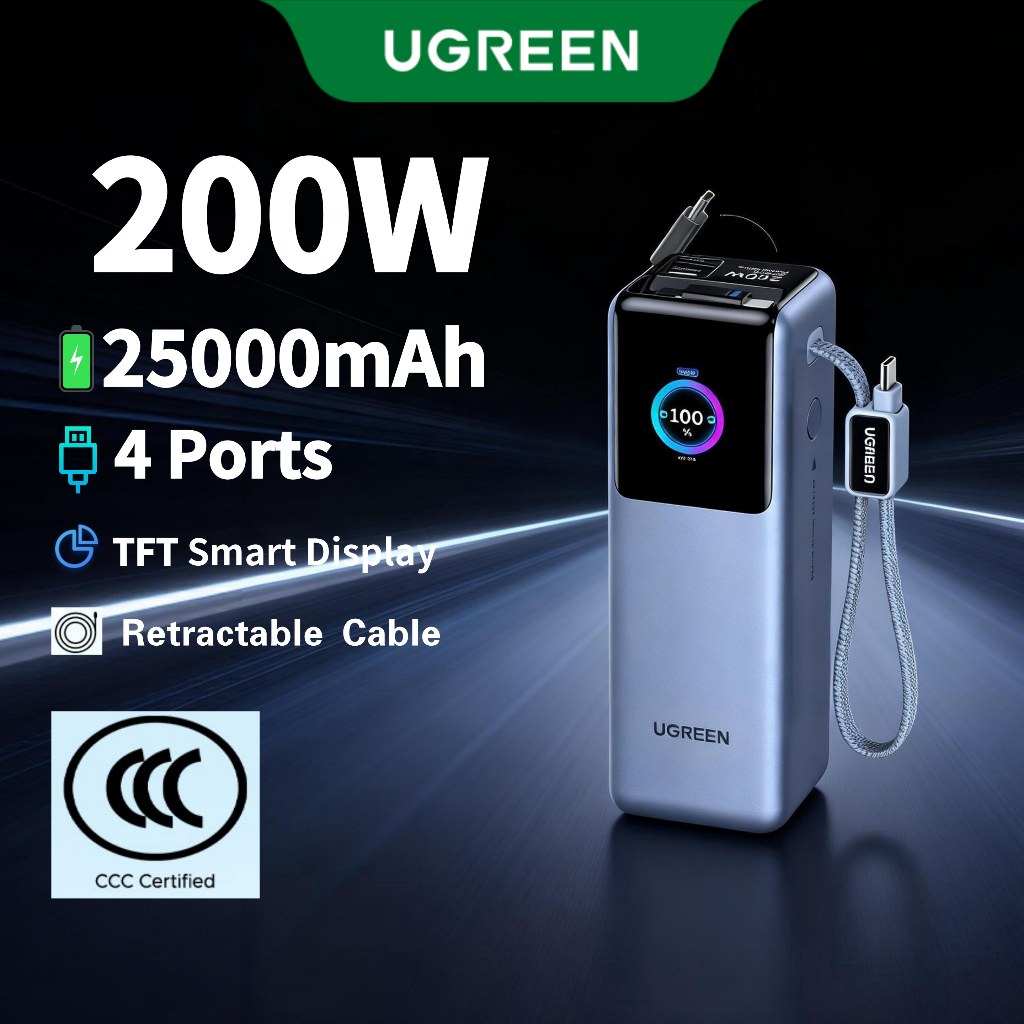【Được chứng nhận CCC】UGREEN 200W 25000mAh Sạc nhanh Power Bank Cáp tích hợp kép Màn hình TFT thông minh Sạc pin cao cấp ô tô 4 thiết bị Tương thích cho Macbook Pro iPhone 17 Pro Max | BigBuy360 - bigbuy360.vn