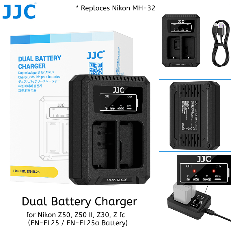 JJC Thay Thế Bộ Sạc Pin Kép MH-32 Cho EN-EL25 EN-EL25a Pin Nikon Z50 Z50II Z50 II Z30 Zfc Z fc, Đế S