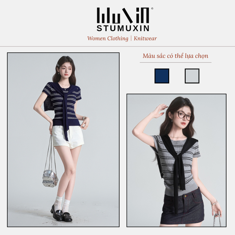 MUXIN Cardigan xuân hè sọc đan, thiết kế skinny co giãn, tay ngắn cổ tròn