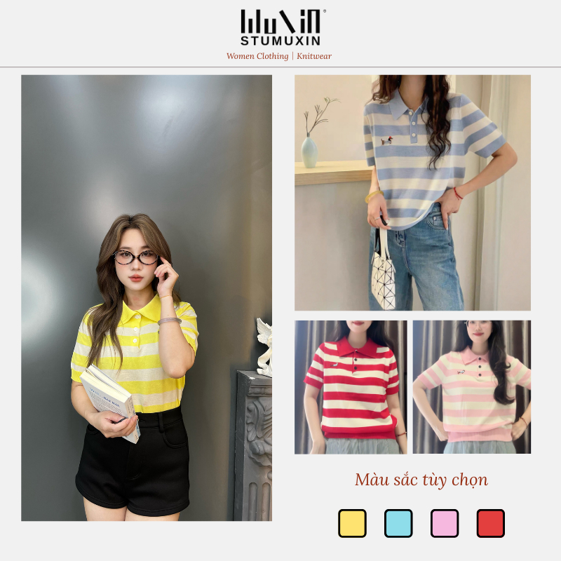 Áo sơ mi Polo dệt kim MUXIN, nhẹ, thiết kế sọc ngang, thêu, sản phẩm QC
