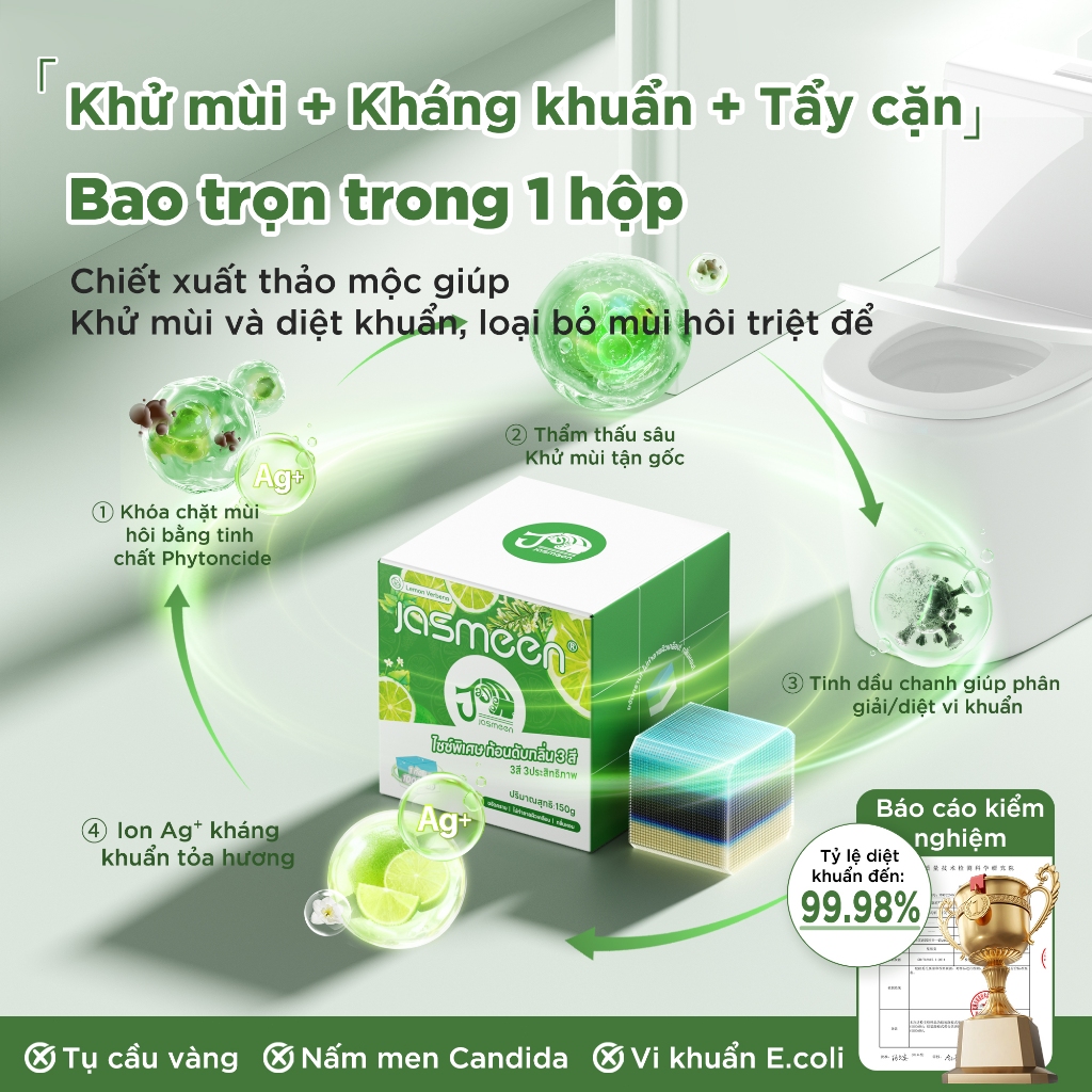 viên thả bồn cầu 3 màu JASMEEN - làm sạch sâu mảng bám, vết ố vàng, diệt…