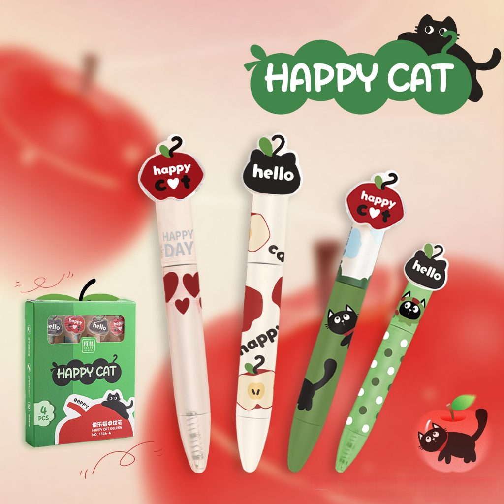 Bút Gel Phong Cách Happy Cat 4 Gói Di Động Mini Kích Thước 0.5Mm Mực Đen Nhanh Khô Bút Sáng Tạo Với 