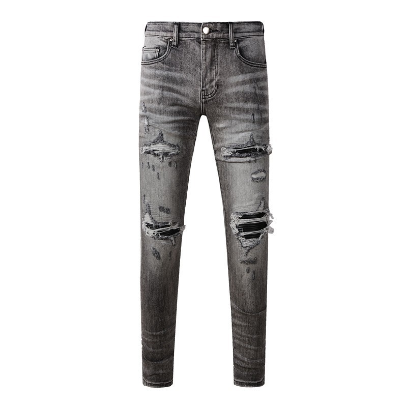 Amiri High Street New Men Jeans Grey Slim Fit Elastic Design Patch Craft High Quality Retro Men Fash