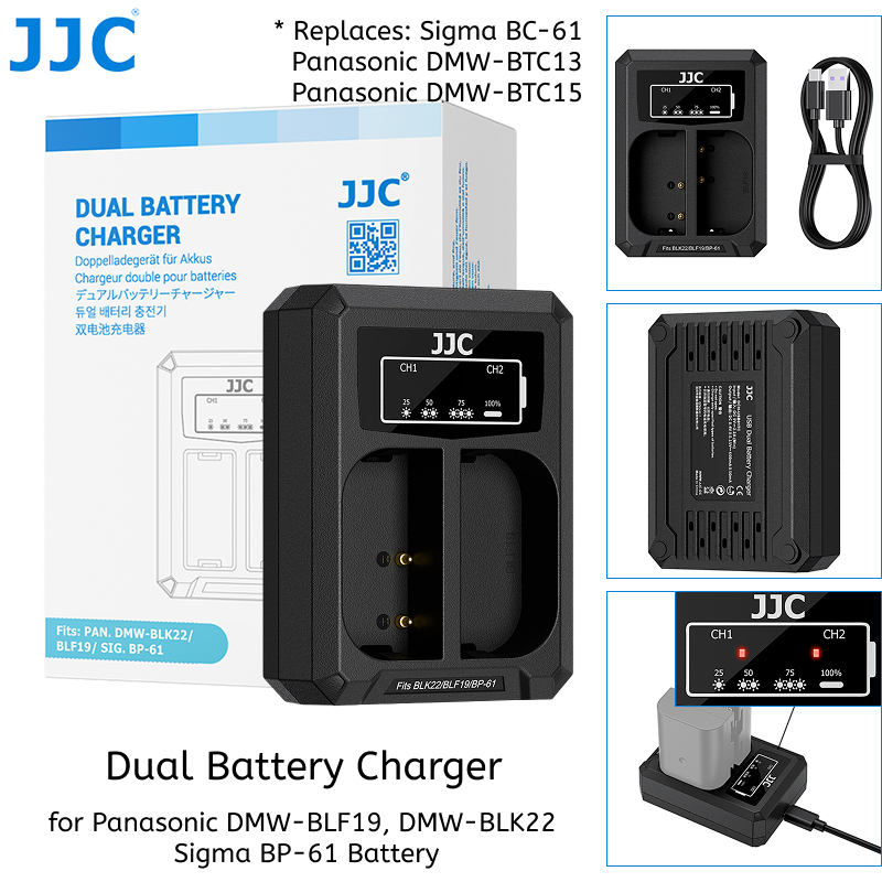 Bộ sạc pin kép JJC cho DMW-BLF19 DMW-BLK22 BP-61 Pin Lumix S5 IIX S9 GH5S GH5 G9 II GH7 GH6 GH4 GH3 