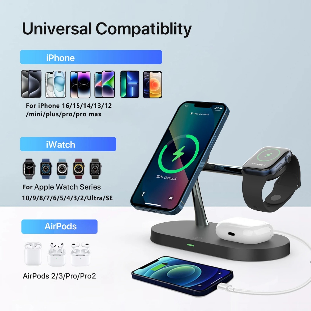 Đế sạc không dây 3 trong 1 cho iPhone 17 Trạm sạc nhanh cho Apple Watch 10 Airpods 2 3 Pro