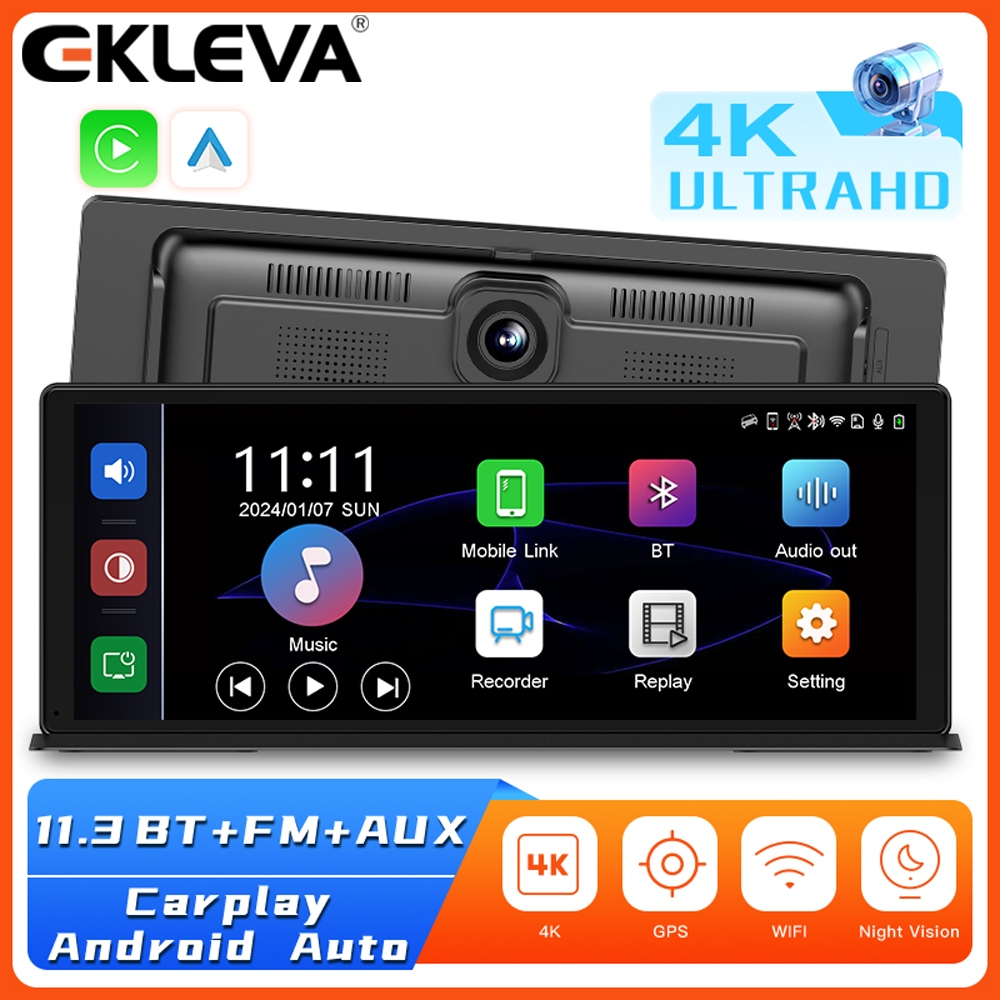 Ekleva 11.3 "Carplay không dây DVR xe hơi 4K Dash Cam Android tự động Ai Màn hình Dual Len 1080P Cam