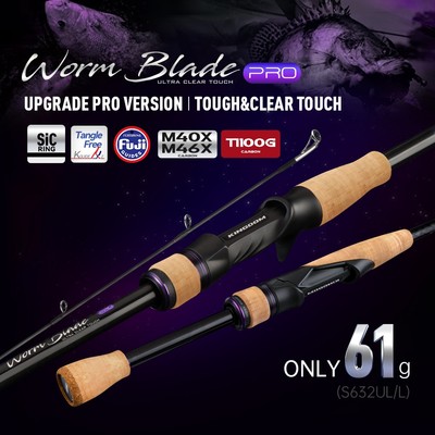 Cần câu Kingdom WORM BLADE PRO 2 phần với các kích thước từ 1.9m đến 2.13m, trọng lượng nhẹ, độ cứng đa dạng, cần đúc hành động cao cấp và tay cầm Cork Grip thoải mái.