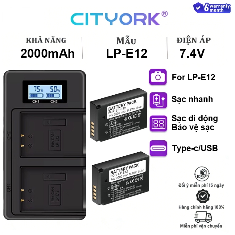 CITYORK Pin Máy Ảnh LP-E12 Và LCD Bộ Sạc Kép Cho Canon Camera M50 M50 MKII M100 M200 M200 MKII 100D