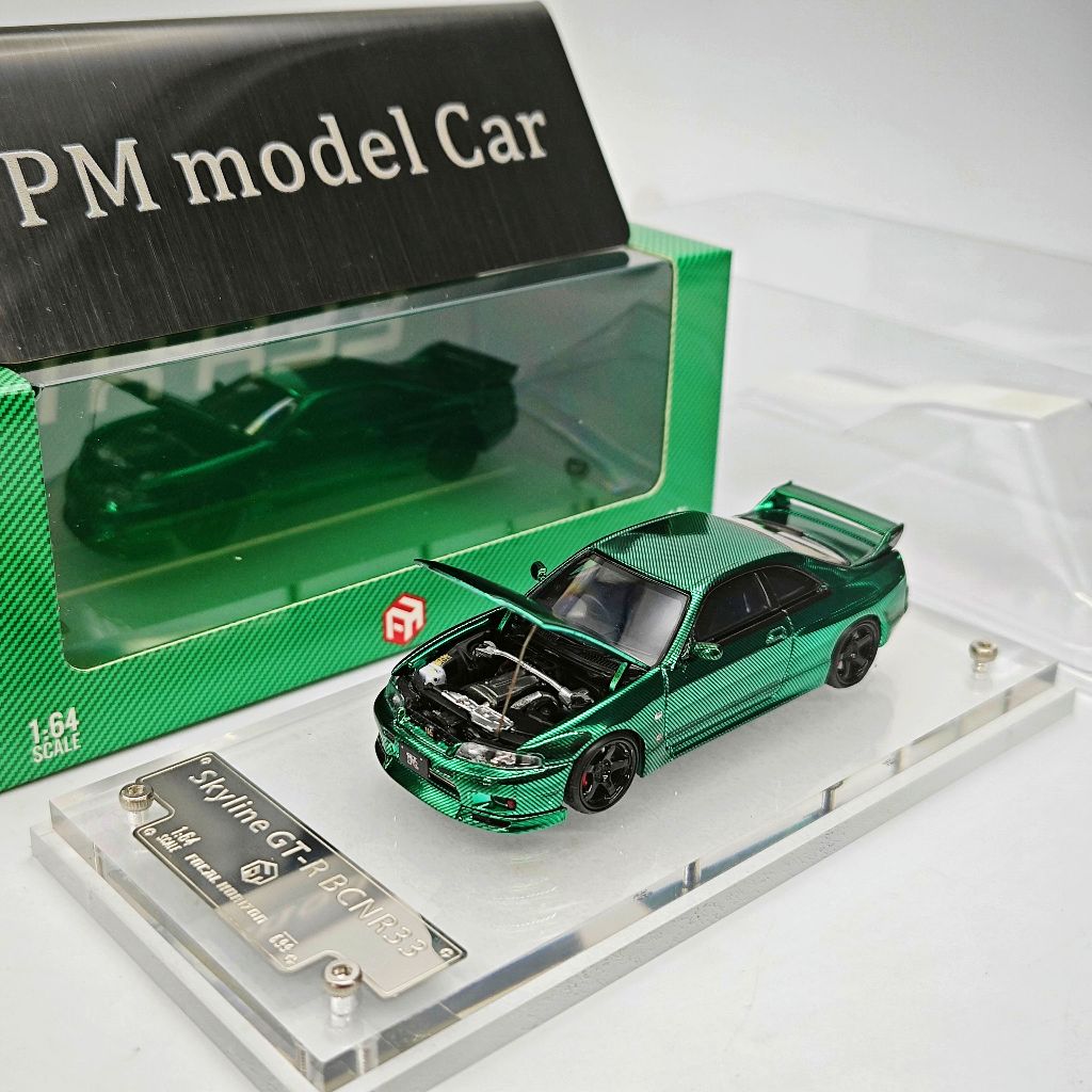 FH 1 / 64 Nissan Skyline GTR R33 BCNR33 Mạ Điện Xanh Toàn Thân Carbon Có Thể Mở Hood Diecast Mẫu Xe 