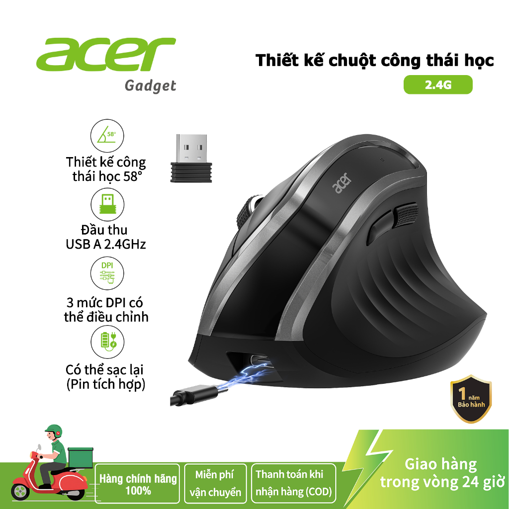 Acer Chuột dọc không dây Chuột máy tính dọc cho văn phòng Chuột Ergo có thể sạc lại Đầu thu USB 2.4GHz 800 / 1200 / 1600 DPI 6 nút cho máy tính xách tay PC và máy tính để bàn M05