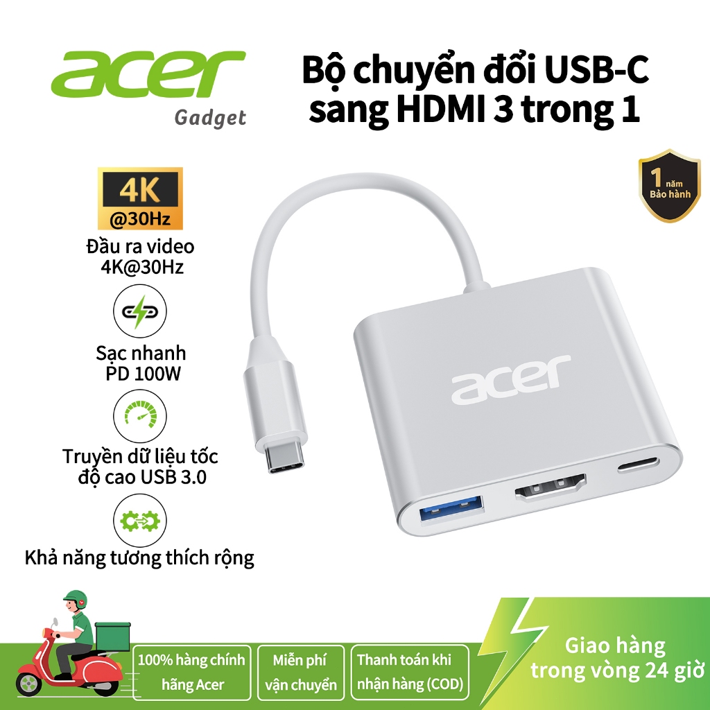 Acer Hub Bộ chuyển đổi USB C TypeC sang HDMI 3 trong 1 Hub USB C 4K với cổng…