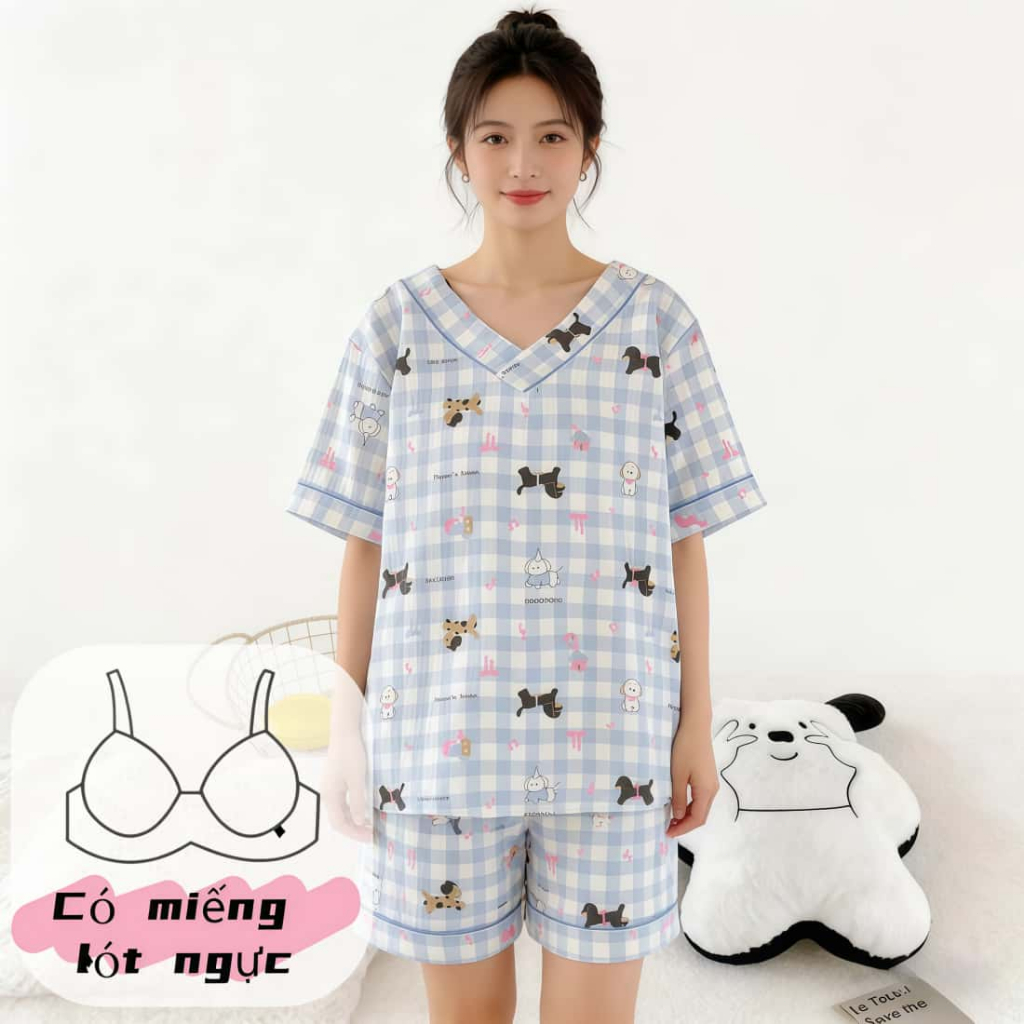 【có miếng lót ngực】Áo ngủ nữ, cotton mềm, có đệm ngực, in hình dễ thương, áo ngủ thoáng khí, áo ngủ 