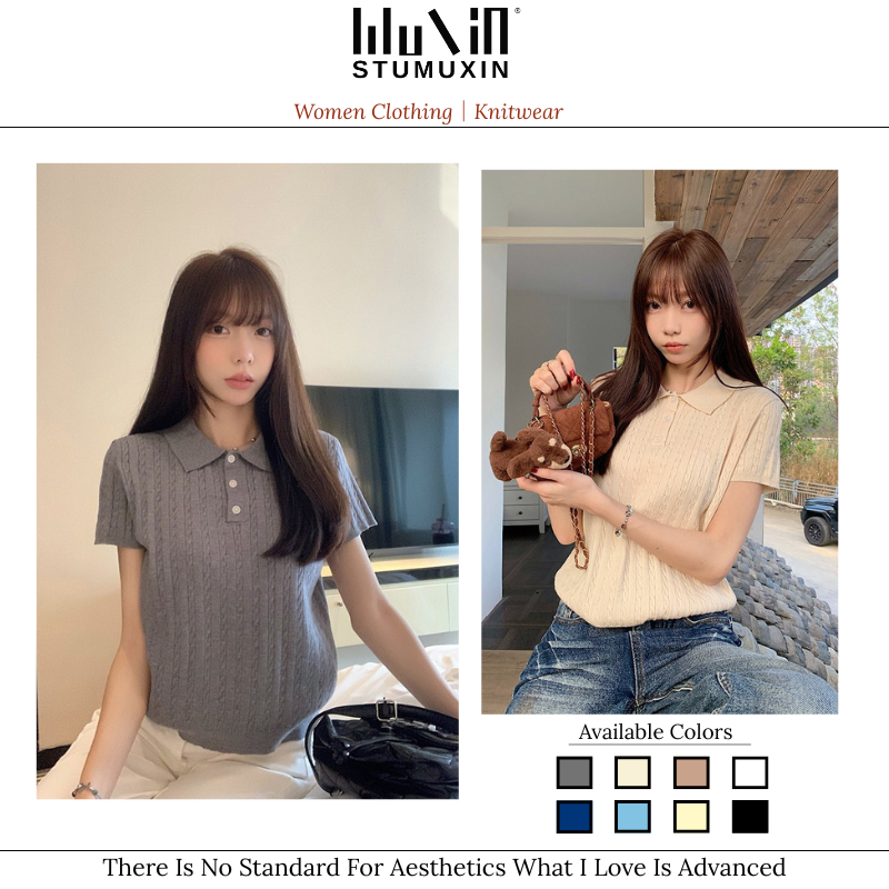 MUXIN Áo Polo Len Dệt Kim Cổ Bẻ Ngắn Tay Nữ, Chất Mongtoghi Co Giãn Mềm Mại, Phong Cách Hàn Quốc