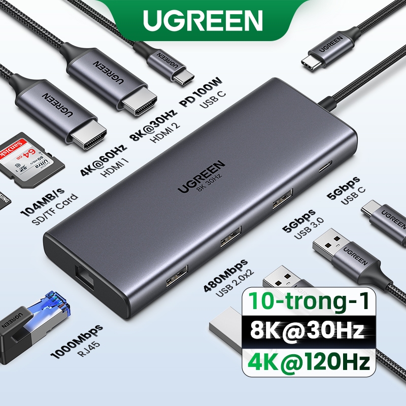 Ugreen Revodok Pro 210 Docking Station 10 trong 1 USB C Dock Dual HDMI 4K @ 60Hz Đơn 8K @ 30Hz 100W 