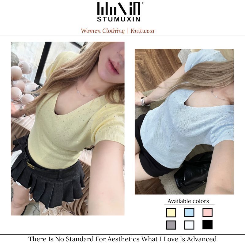 Áo len nữ cổ chữ V cộc tay, áo len mongtoghi nữ len dệt kim mềm mịn co giãn ôm dáng đính đá MUXIN