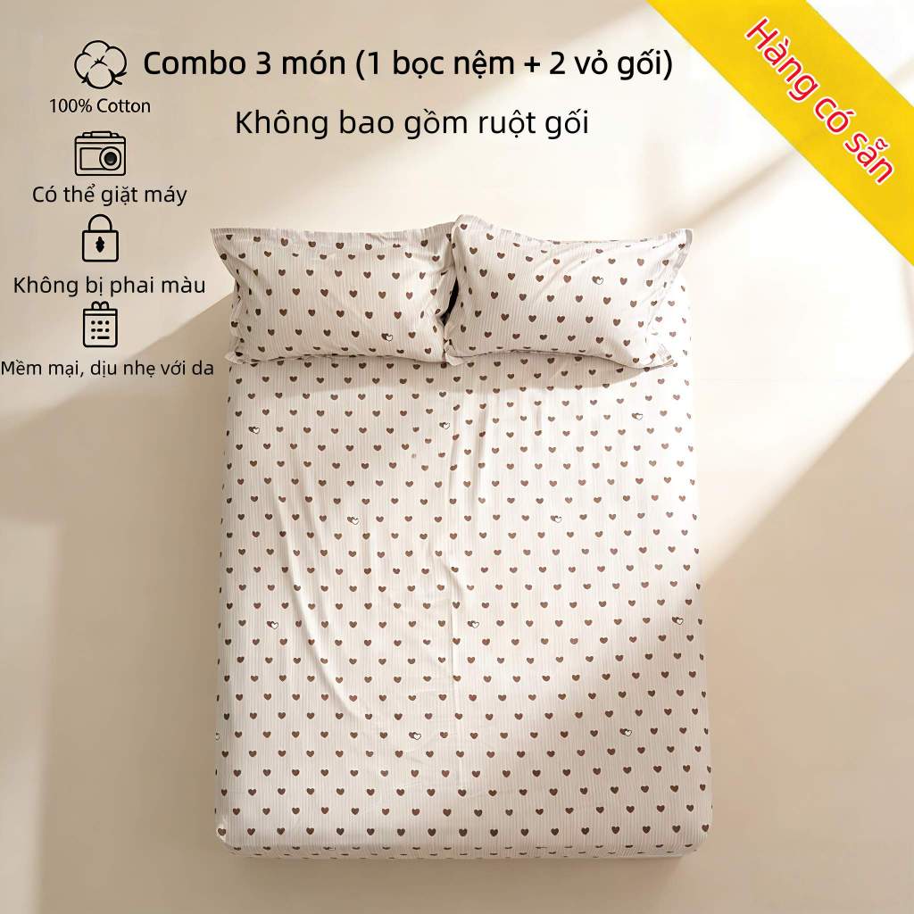 Chăn ga gối 3 món bọc nệm cotton, vỏ gối, ga bọc nệm chất liệu cotton mềm mại