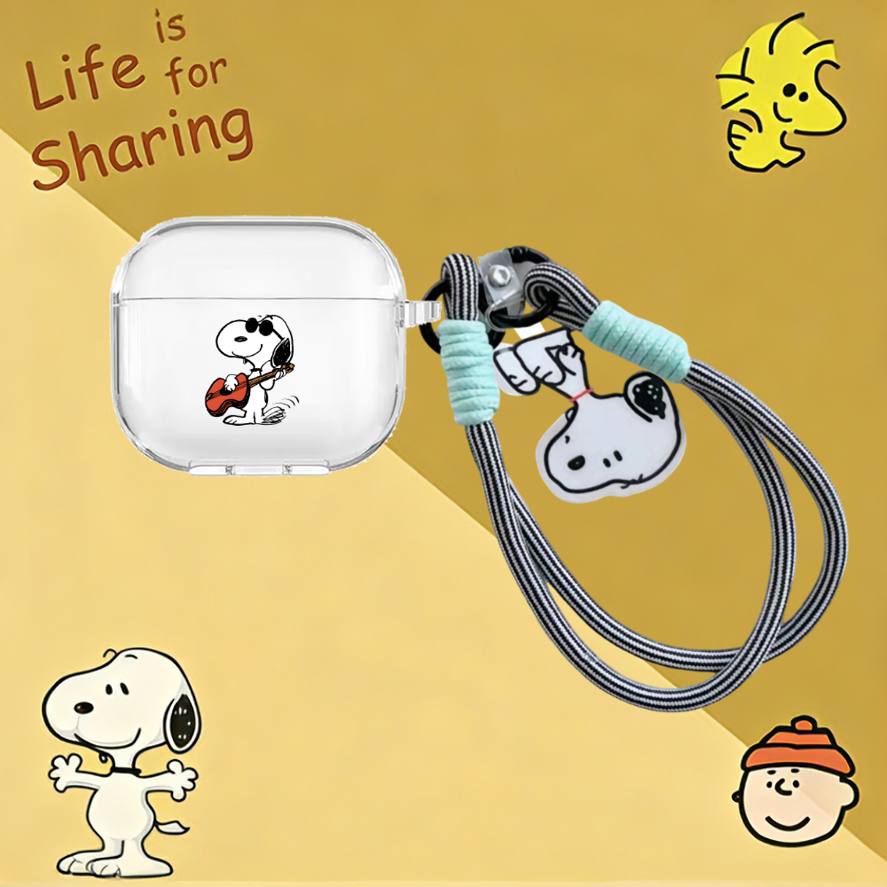 Ốp lưng nhạc Snoopy cho AirPods Pro3 có dây Snoopy AirPods Pro2 Vỏ tai nghe trong suốt chống sốc cho