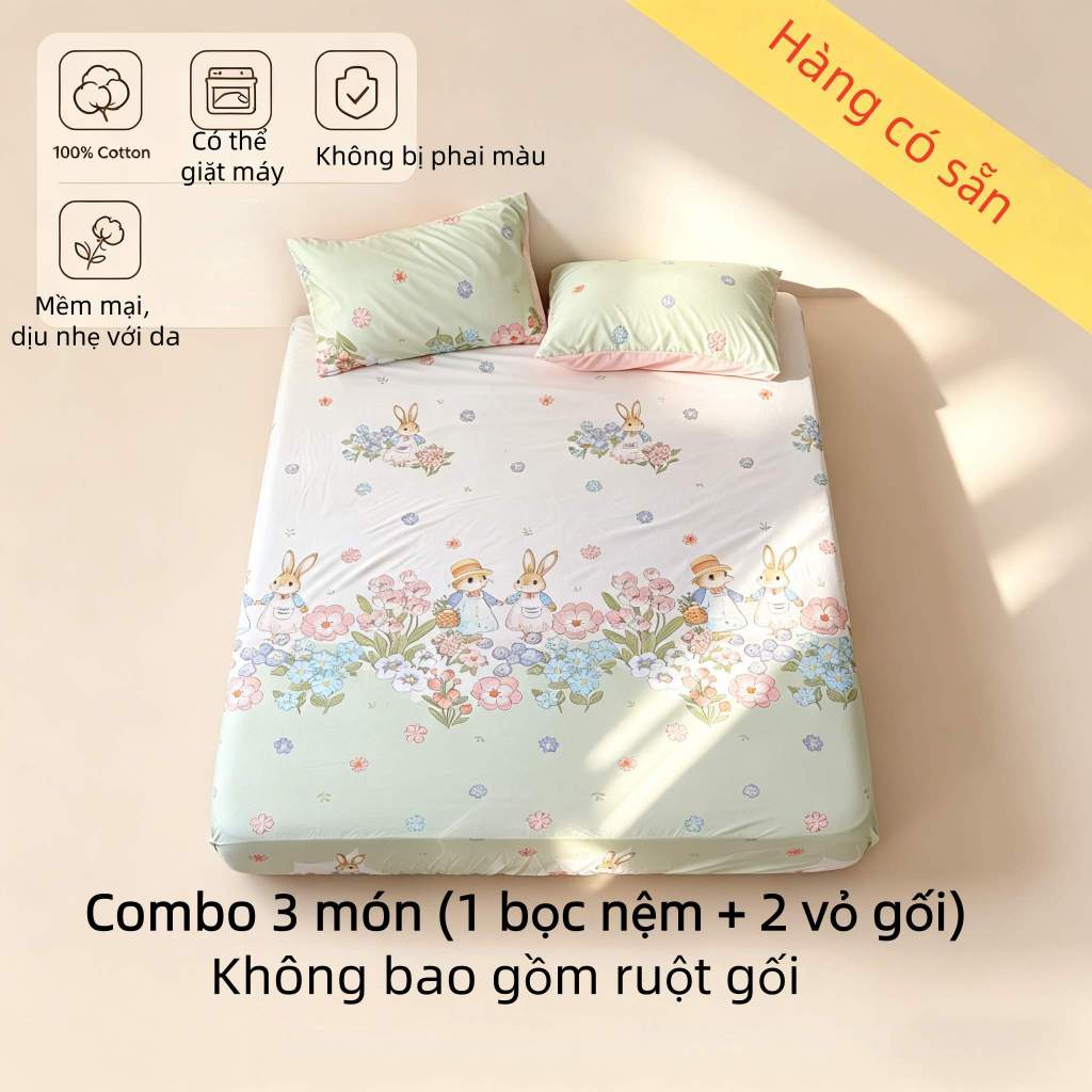 Chăn ga gối 3 món bọc nệm cotton, bao nệm + vỏ gối, chất liệu bông mềm mại cho giường