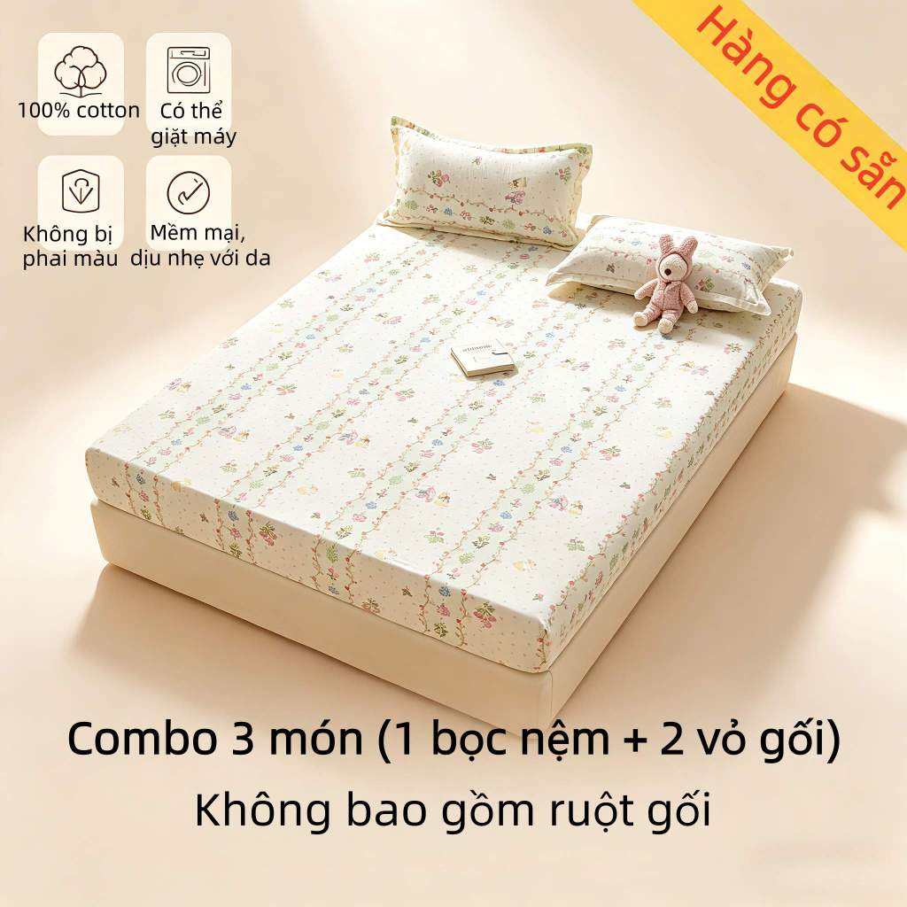 Chăn ga gối 3 món bọc nệm cotton, bao gối, bọc nệm cotton mềm mại cho giường