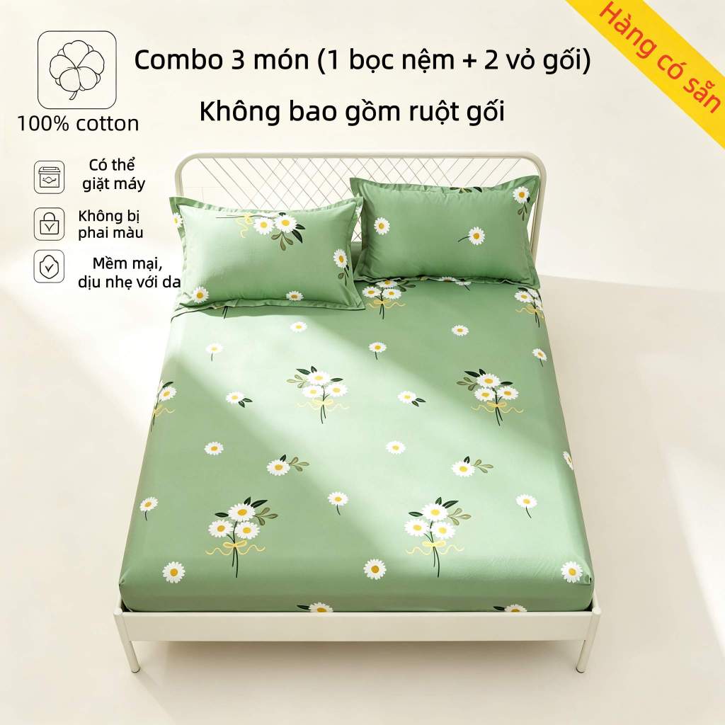 Ga giường 3 món bông cotton, bao gồm ga phủ nệm và vỏ gối, chất liệu cotton mềm mại