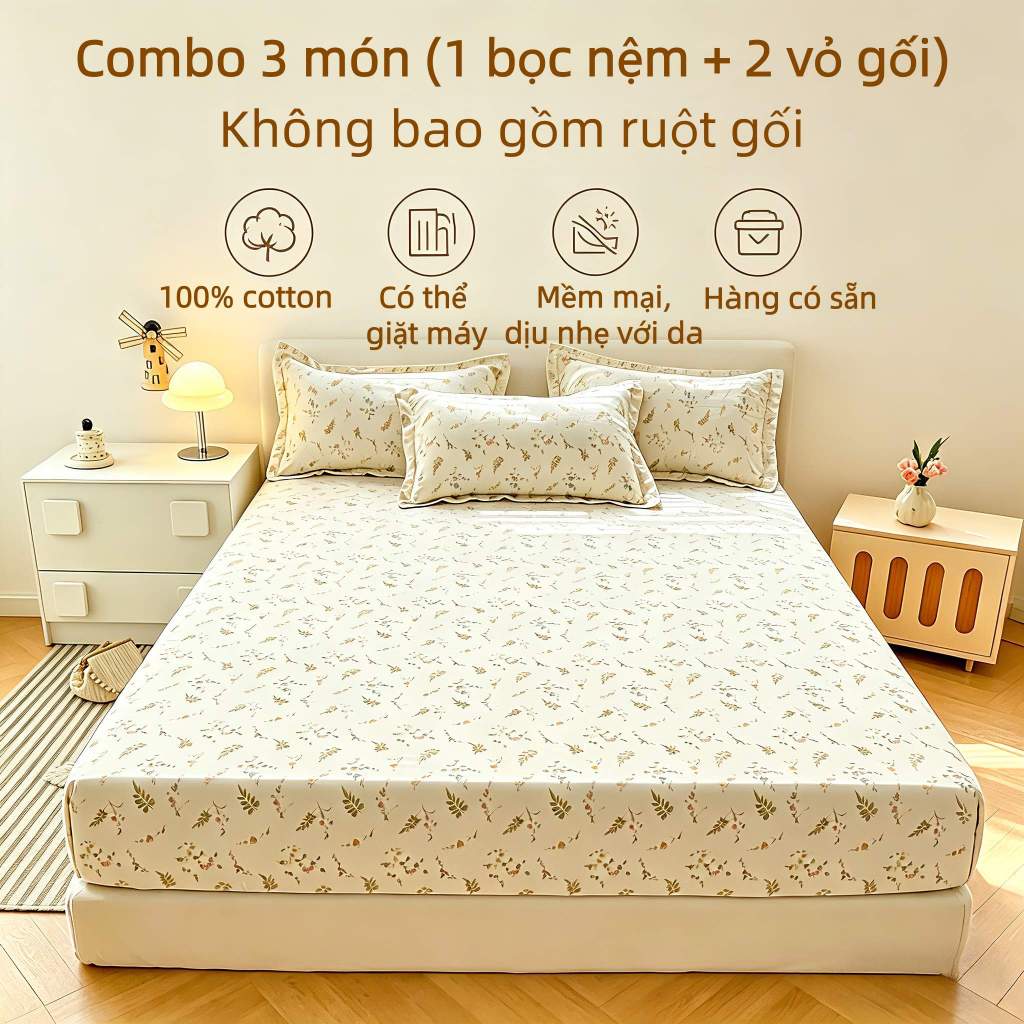 Chăn ga gối 3 món bọc nệm cotton, bao gối, bọc nệm cotton mềm mại, chất liệu cotton tự nhiên
